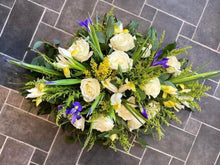 Load image into Gallery viewer, Funeral Wreath - White Rose and purple - Strelitzia&#39;s Floristry &amp; Irish Craft Shop