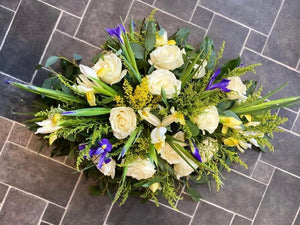 Funeral Wreath - White Rose and purple - Strelitzia's Floristry & Irish Craft Shop
