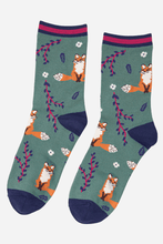 Load image into Gallery viewer, Sock Talk - Women&#39;s Fox Novelty Ankle Socks Leaf Print Green