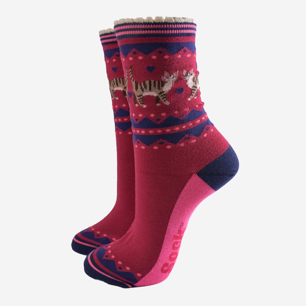 Sock Talk - Women's Bamboo Socks - Berry/Navy Blue, Cat Duo