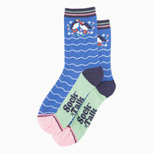 Load image into Gallery viewer, Sock Talk - Women&#39;s Bamboo Socks - Blue, Puffins and Flowers