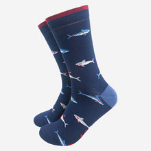 Load image into Gallery viewer, Sock Talk - Men&#39;s Bamboo Socks - Navy Blue, Christmas Shark