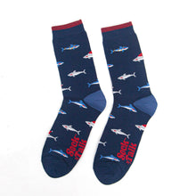 Load image into Gallery viewer, Sock Talk - Men&#39;s Bamboo Socks - Navy Blue, Christmas Shark