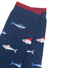Load image into Gallery viewer, Sock Talk - Men&#39;s Bamboo Socks - Navy Blue, Christmas Shark