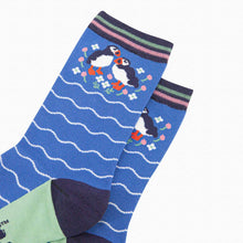 Load image into Gallery viewer, Sock Talk - Women&#39;s Bamboo Socks - Blue, Puffins and Flowers