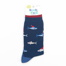 Load image into Gallery viewer, Sock Talk - Men&#39;s Bamboo Socks - Navy Blue, Christmas Shark
