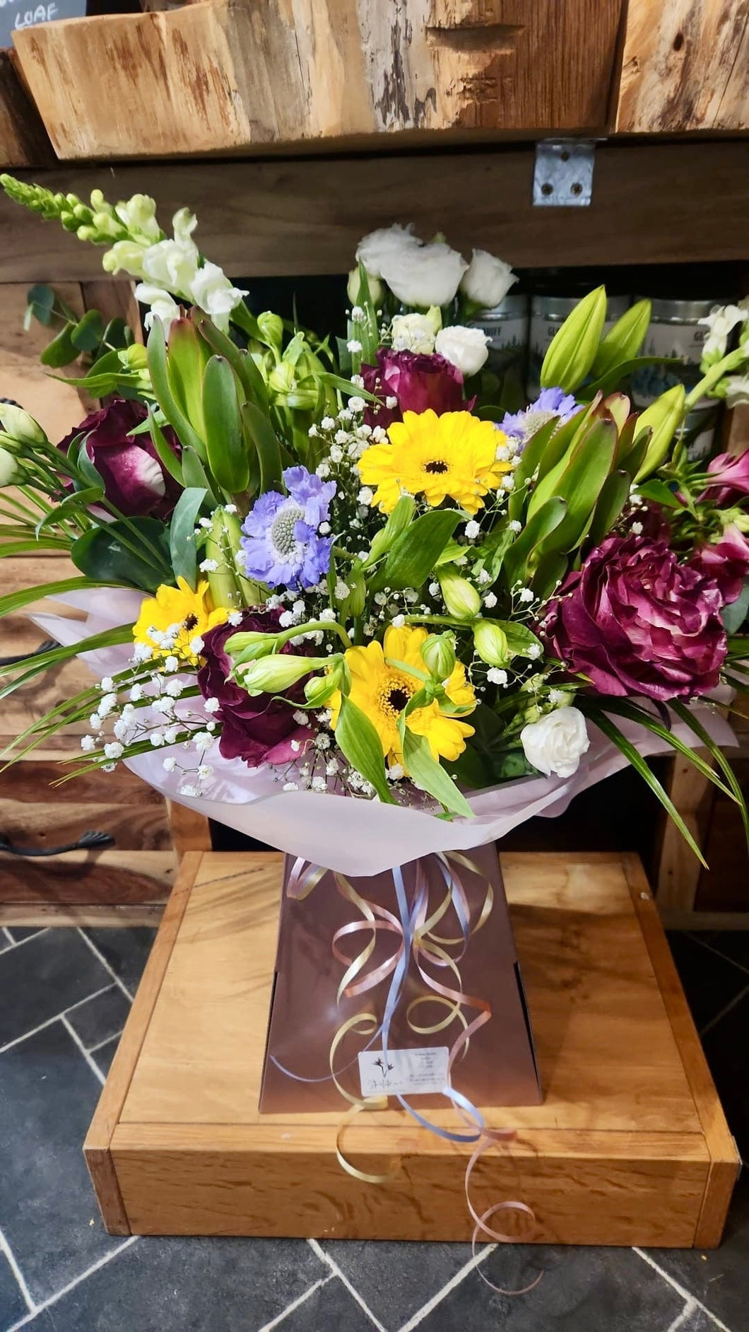 Yellow & Burgundy Fresh Flower Bouquet - Strelitzia's Florist & Irish Craft Shop