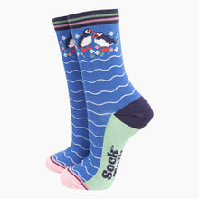 Load image into Gallery viewer, Sock Talk - Women&#39;s Bamboo Socks - Blue, Puffins and Flowers