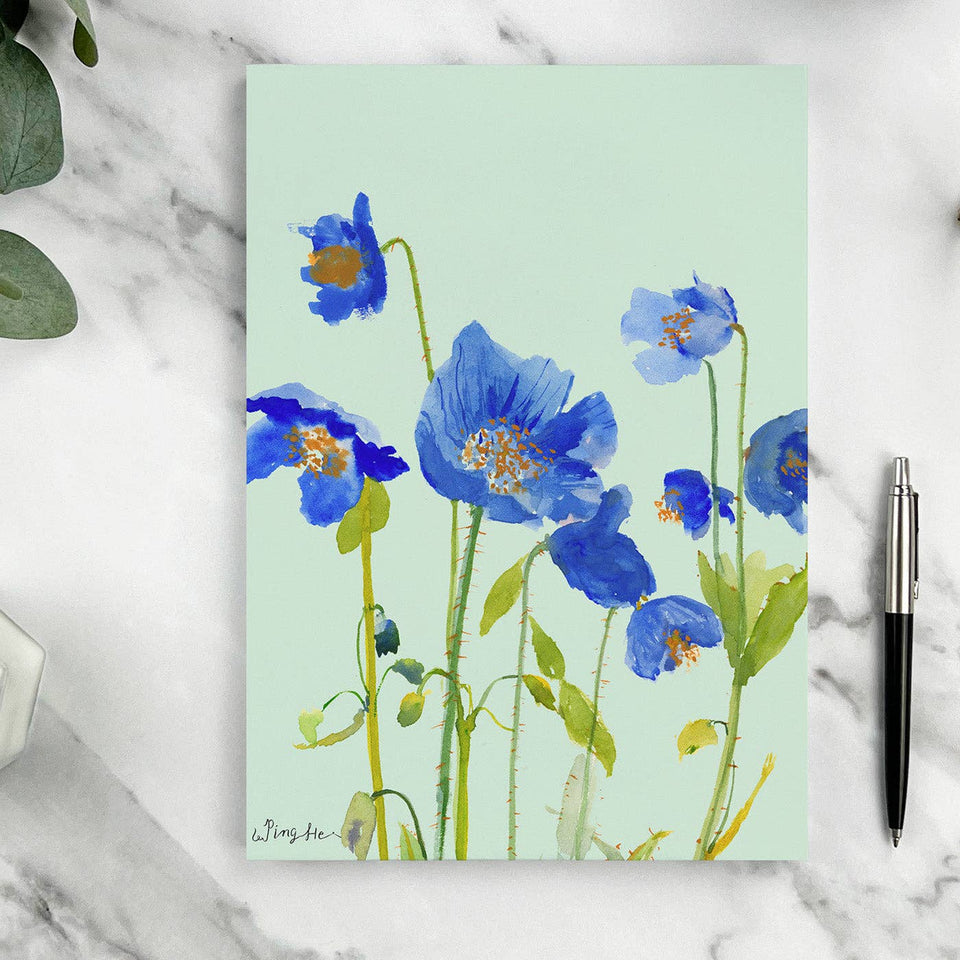 Ping He Art - A5 Notepad - Blue Poppies - Strelitzia's Florist & Irish Craft Shop