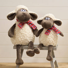 Load image into Gallery viewer, Langs - Plush Sitting Sheep Soft Toy With Google Eyes And Striped Scarf Medium