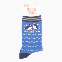 Load image into Gallery viewer, Sock Talk - Women&#39;s Bamboo Socks - Blue, Puffins and Flowers