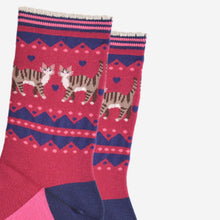 Load image into Gallery viewer, Sock Talk - Women&#39;s Bamboo Socks - Berry/Navy Blue, Cat Duo