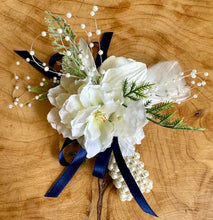 Load image into Gallery viewer, White Corsage with Blue ribbon - Strelitzia&#39;s Florist &amp; Irish Craft Shop