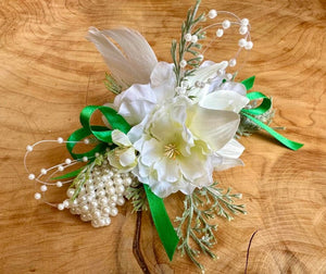 White Corsage with Green ribbon - Strelitzia's Florist & Irish Craft Shop