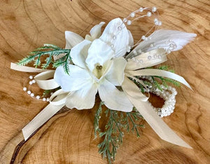 White Corsage with Ivory ribbon - Strelitzia's Florist & Irish Craft Shop