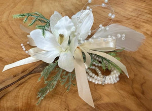 White Corsage with Ivory ribbon - Strelitzia's Florist & Irish Craft Shop