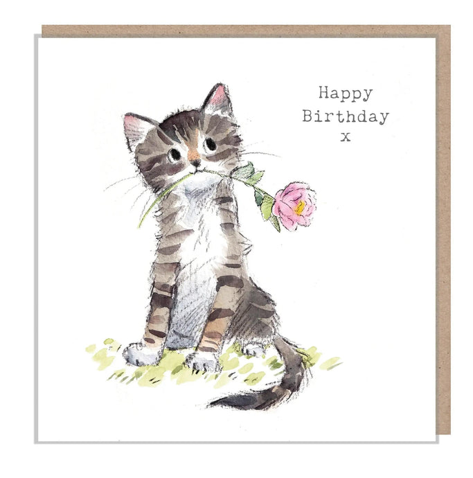 Paper Shed Design Ltd - Cute Cat Birthday Card - Tabby With Flower - Strelitzia's Florist & Irish Craft Shop