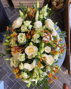 Funeral Wreath - White and Citrus accents - Strelitzia's Floristry & Irish Craft Shop