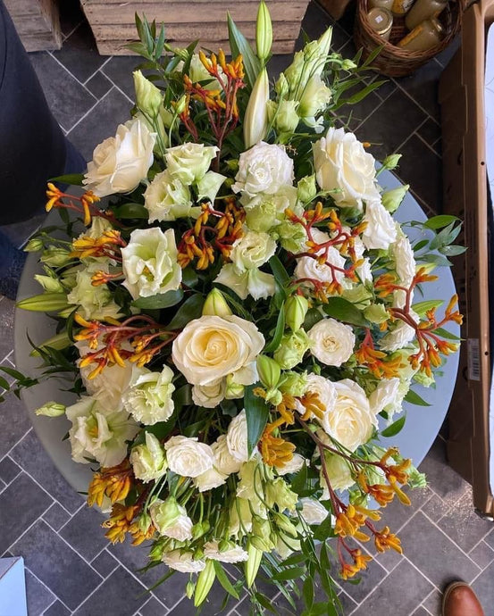 Funeral Wreath - White and Citrus accents - Strelitzia's Floristry & Irish Craft Shop