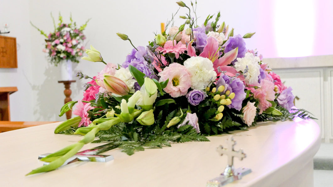 Large Casket wreath Pink and white flowers - Strelitzia's Floristry & Irish Craft Shop