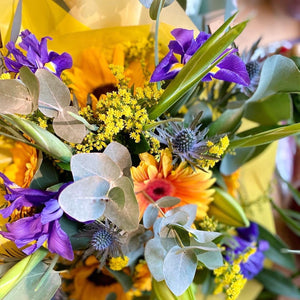 Easter Purple & Yellow Fresh Flower Bouquet & Chocolate Egg - Strelitzia's Floristry & Irish Craft Shop