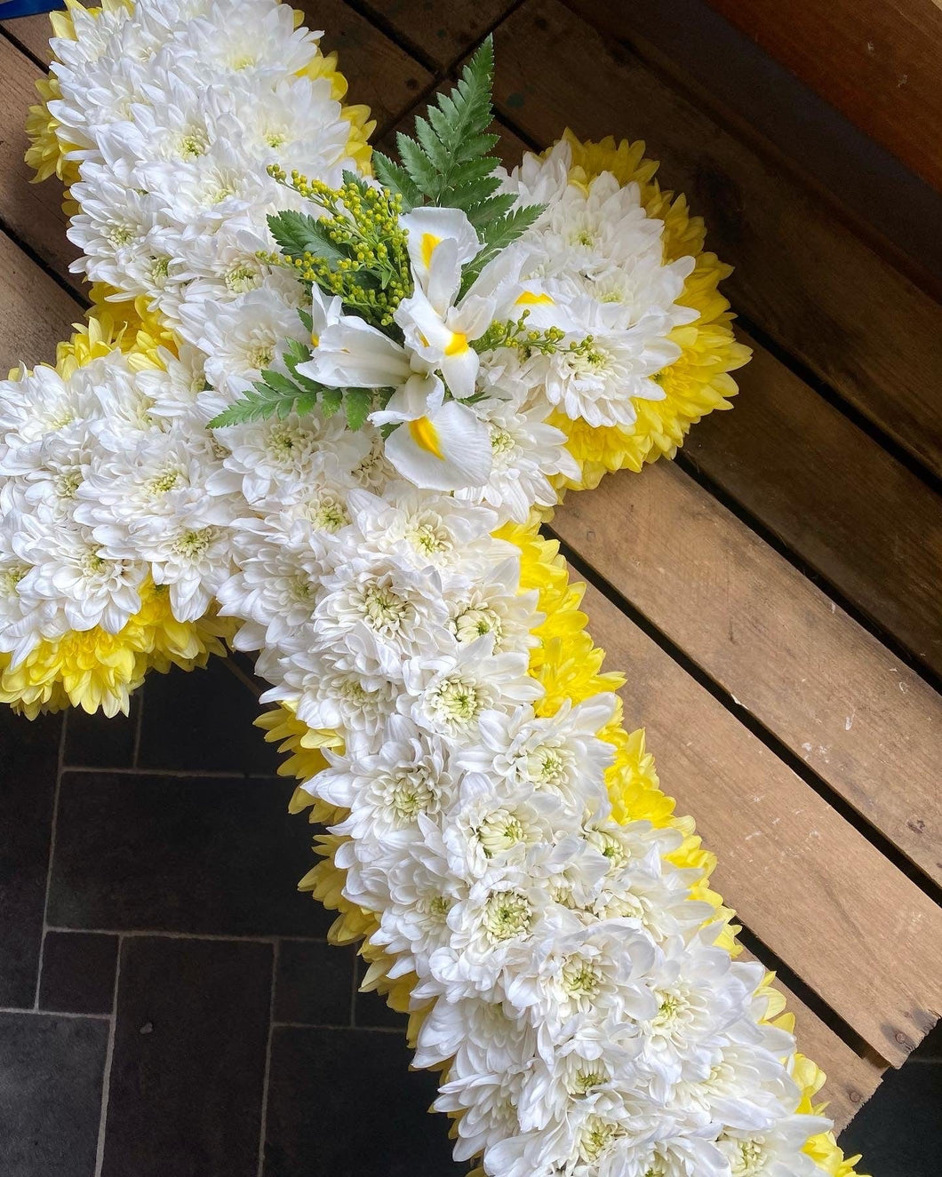 Massed Cross Tribute - White & Yellow - Strelitzia's Floristry & Irish Craft Shop