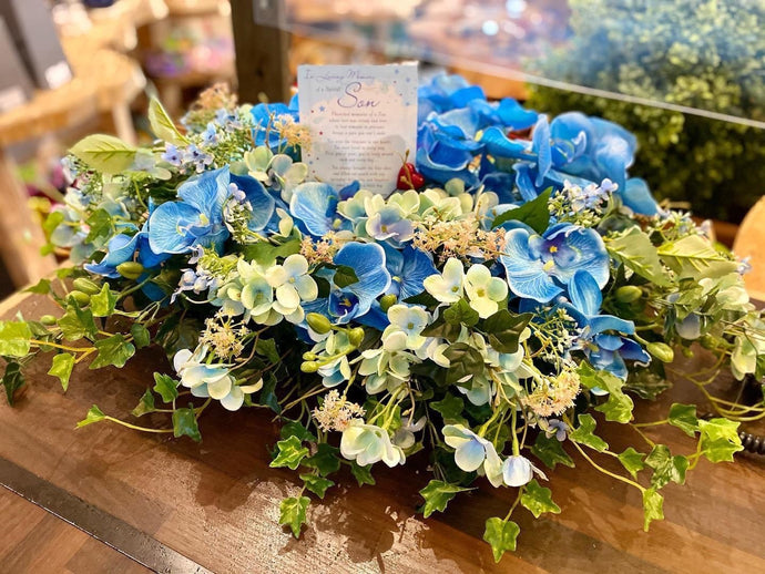 Grave Wreath - Blue and White (Artificial) - Strelitzia's Floristry & Irish Craft Shop