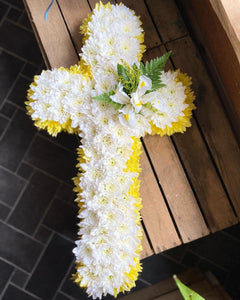 Massed Cross Tribute - White & Yellow - Strelitzia's Floristry & Irish Craft Shop