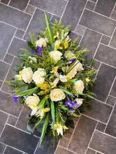 Load image into Gallery viewer, Funeral Wreath - White Rose and purple - Strelitzia&#39;s Floristry &amp; Irish Craft Shop