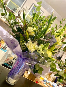 Purple & Cream Fresh Flower Bouquet in Glass Vase - Strelitzia's Flower & Irish Craft Shop