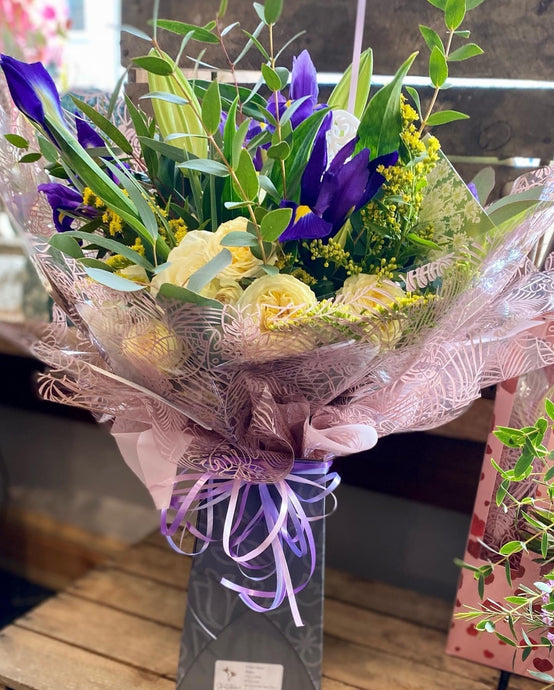 Purple, Yellow & Cream Fresh Flower Bouquet - Strelitzia's Floristry & Irish Craft Shop