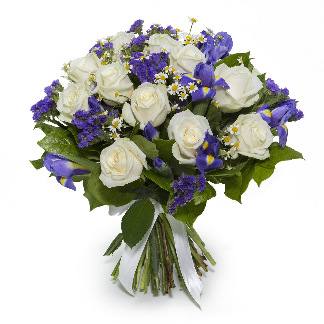 A White Rose & Purple Iris Fresh Flower Bouquets - Strelitzia's Floristry & Irish Craft Shop