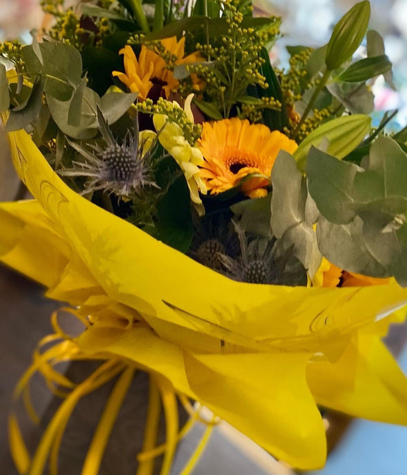 Seasonal Yellow & Thistle Fresh Flower Bouquet - Strelitzia's Floristry & Irish Craft Shop