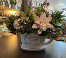Load image into Gallery viewer, LIVE .. LOVE ... LAUGH with Seasonal Fresh Flower Gift Cup - Strelitzia&#39;s Floristry &amp; Irish Craft Shop